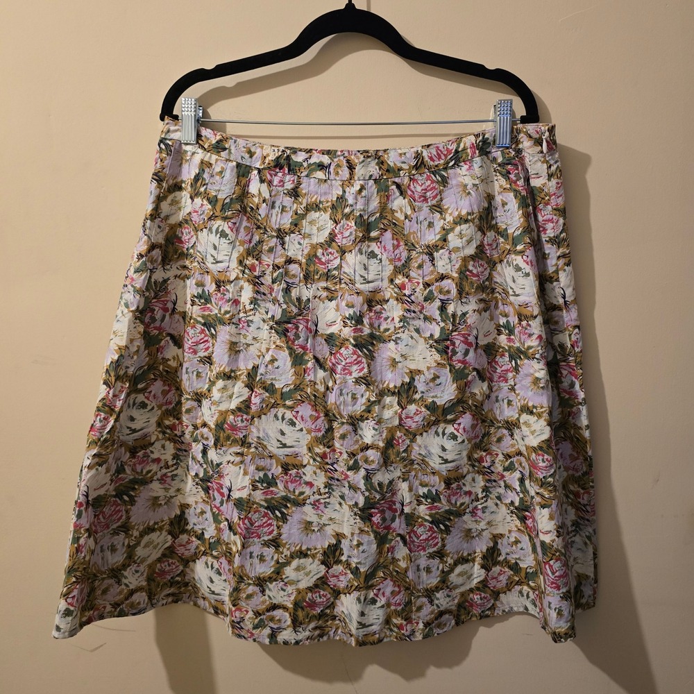 Attention Floral Pleated Midi Skirt Pink Purple Green Cotton Size 16